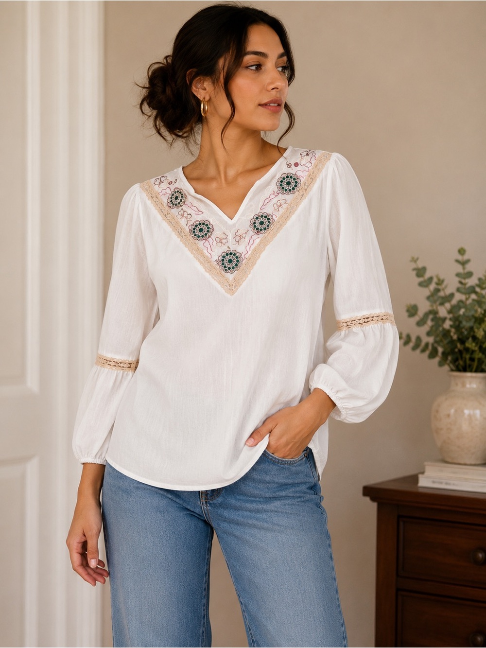 Women’s cream  Embroidered V-Neck Blouse